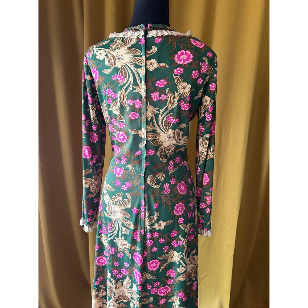 Vintage 1960s Floral Maxi Dress, Lace Trim, Boho Cottagecore Style, Size Large - Picture 5 of 7